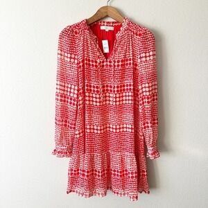 LOFT Red Cream Heart & Circle Dot Print Tiered Ruffle Mini Dress Size Medium NEW
